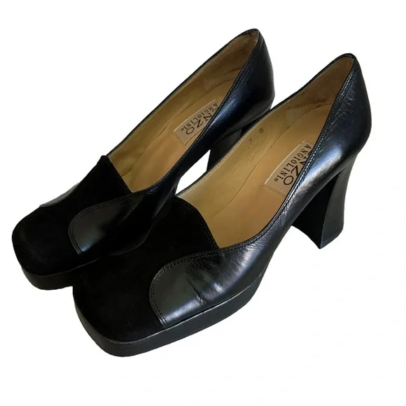 Y2K 90s Enzo Angiolini square toe suede leather black Platform Slip On 7 Retro - Picture 9 of 13